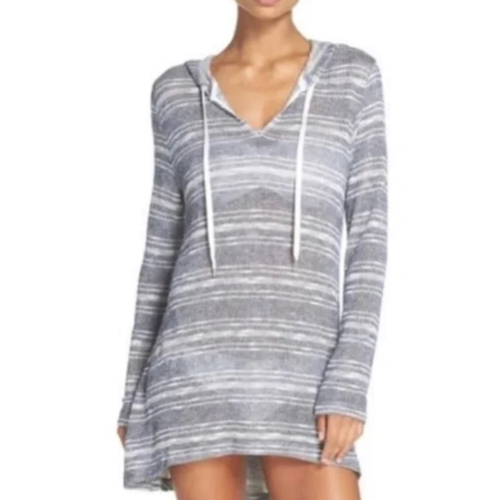 La Blanca Resortwear Gray Sweatshirt Hoodie Tunic Cover Up Striped Size Small